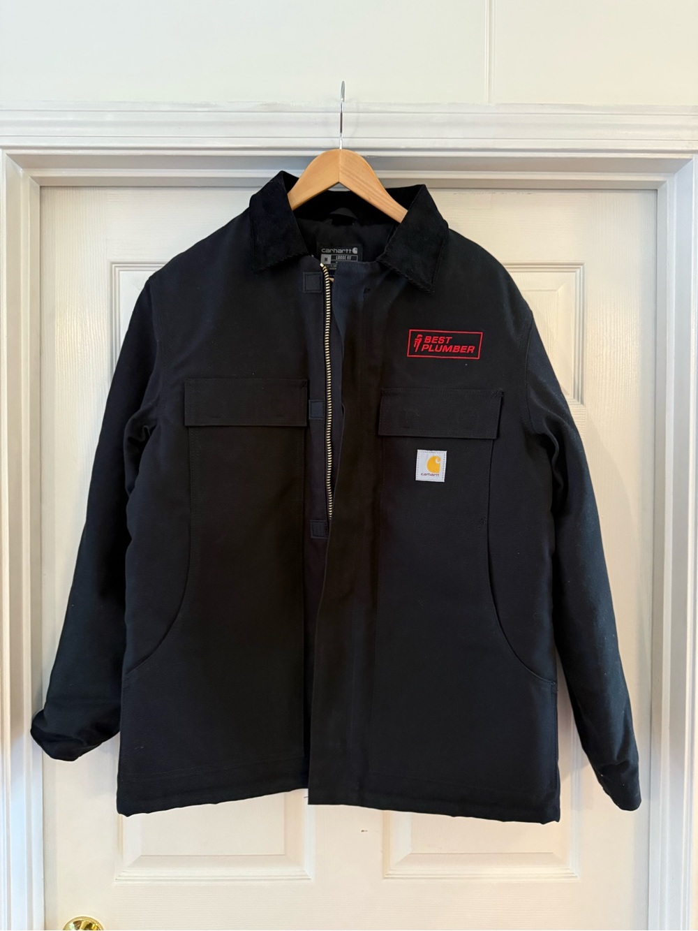 Carhartt Black Zip-Up Work Jacket with Red Patch Detail
